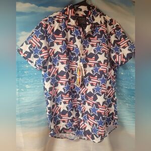 Broken Thread NWT Patriotic Star Print‎ Men's Shirt Size Medium Red White & Blue